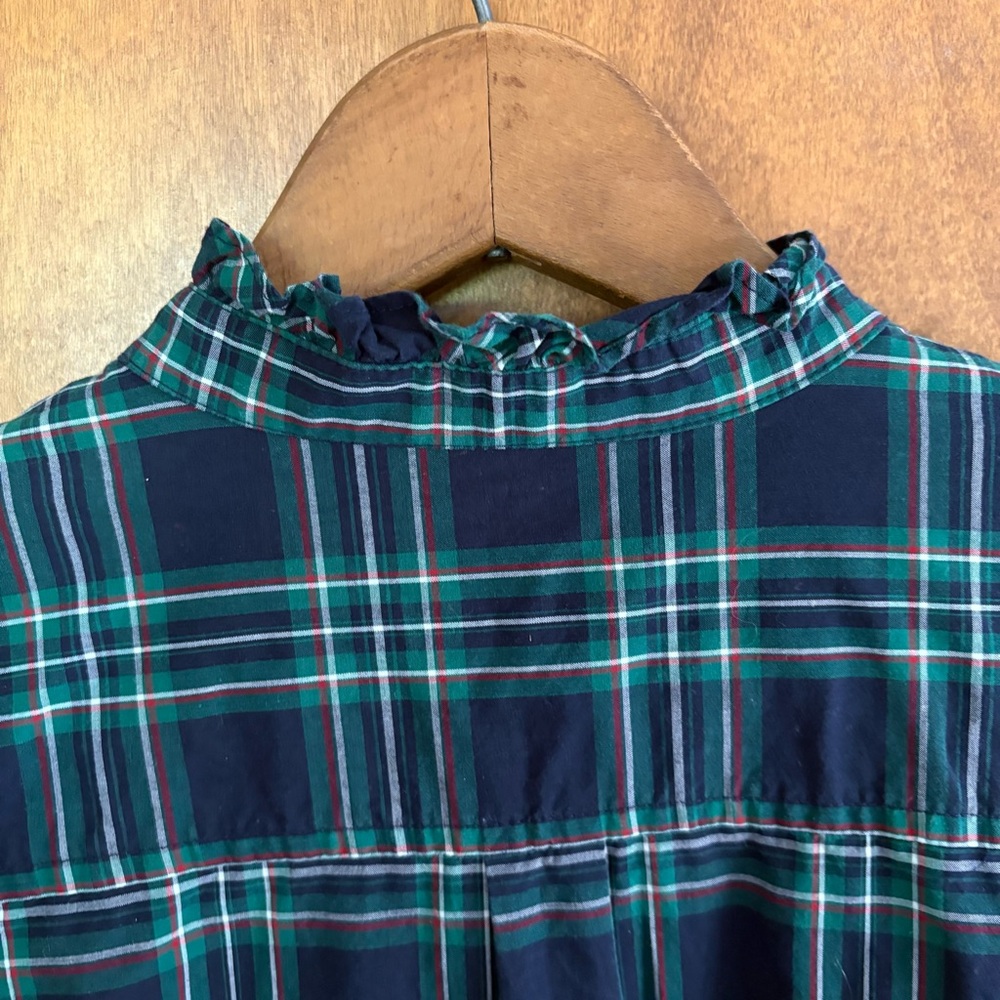 Talbots Green Blue Plaid Button Down Blouse Top 12 Ruffle High Neck Modest Fall - Picture 6 of 15